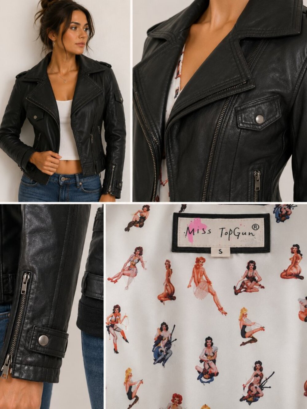 MISS TOPGUN Genuine Italian Leather Moto Jacket Black Pin-Up Print Lining Size S